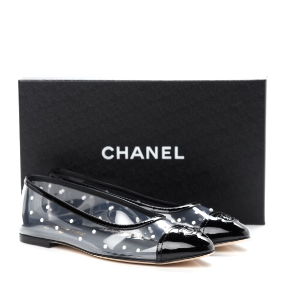 Chanel Pvc Clear And Black Flats With Pearl Polka Dots